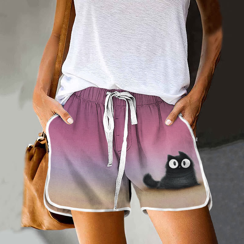 Dashingsoul Asymmetric Gradient Black Cat Print Pocket Shorts