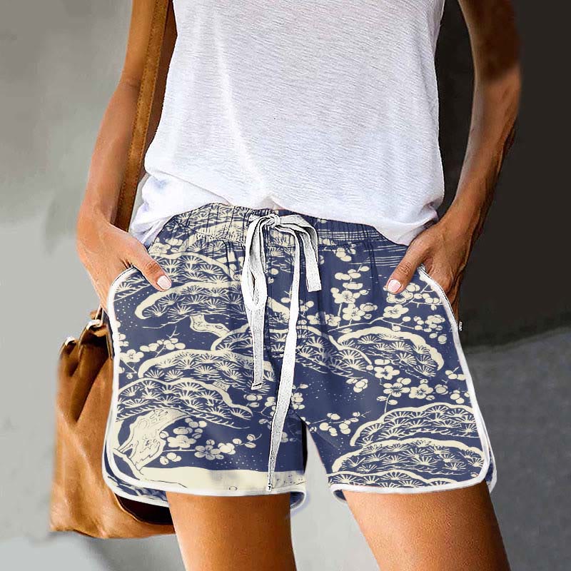 Dashingsoul Women's Japanese Art Plum Blossom Print Drawstring Pocket Shorts