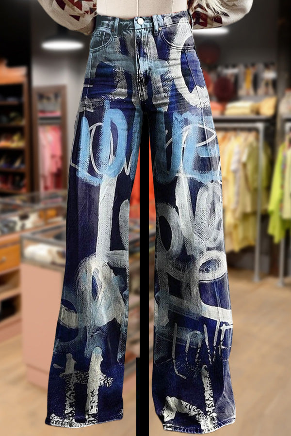 Chic Love Print Wide Leg Pants