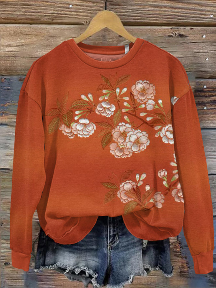 Japanese Art Flower Print Round Neck Long Sleeve Sweatshirt