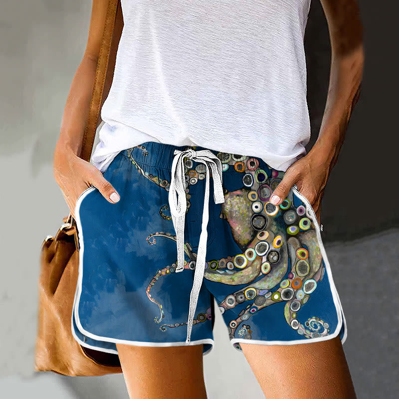 Dashingsoul Colorful Octopus Oil Painting Print Pocket Shorts