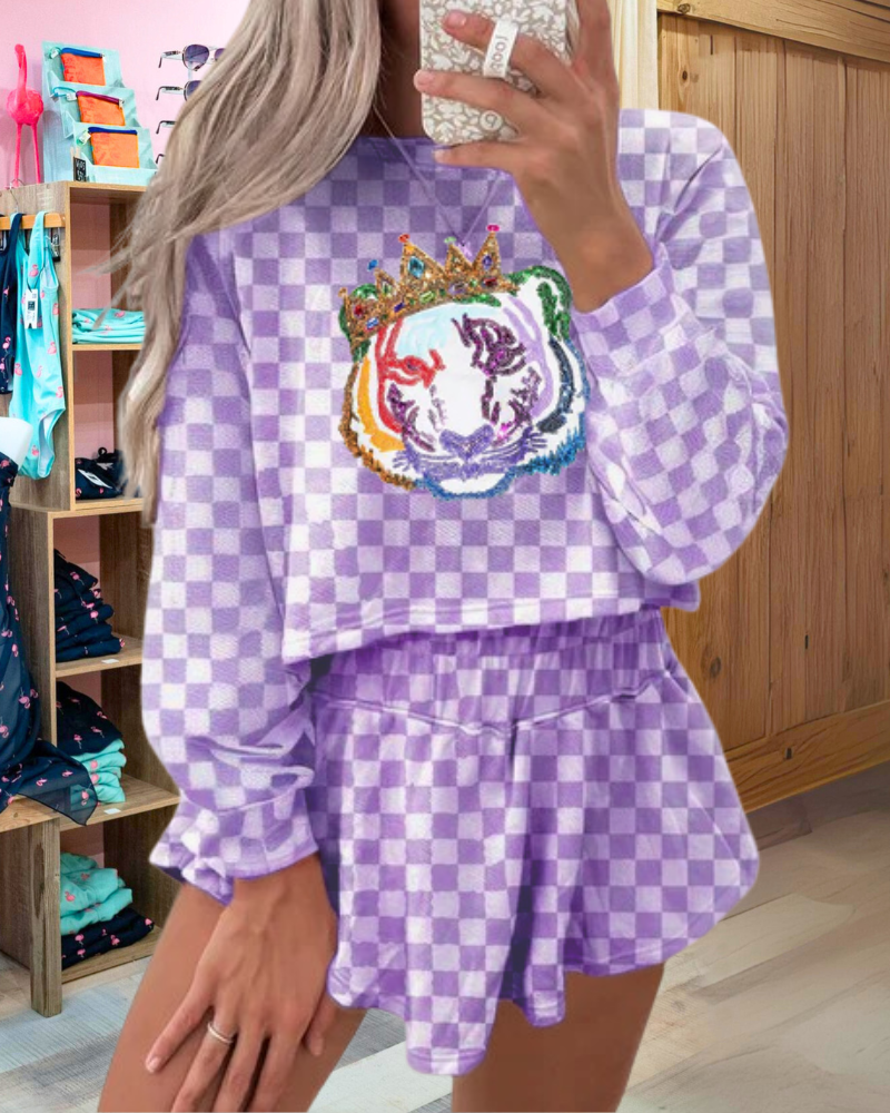 Tiger Crown Sequin Plaid Set