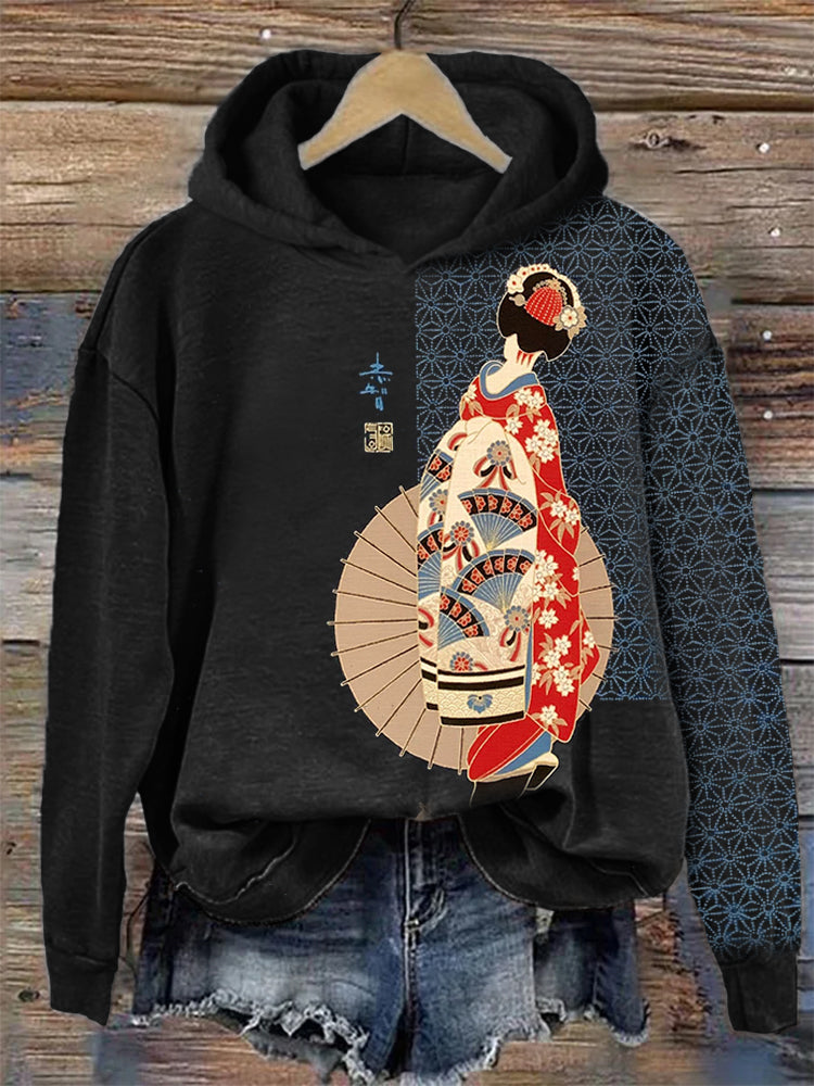 Elegant Japanese Geisha Art Cozy Hoodie