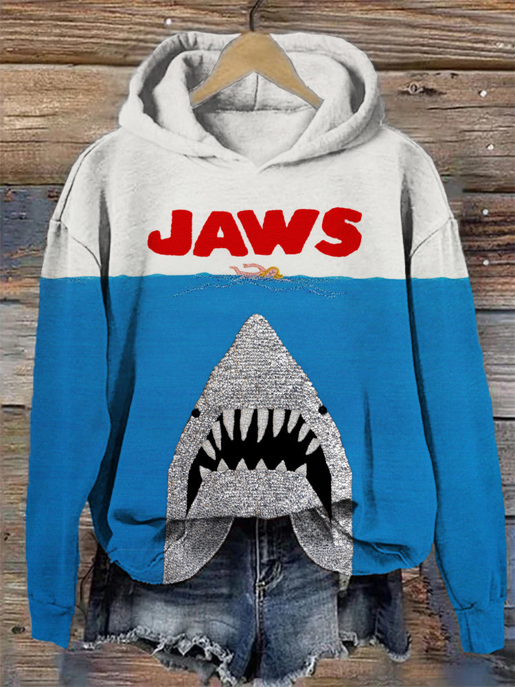 Ocean Killer Shark Jaws Print Cozy Hooded Sweatshirt