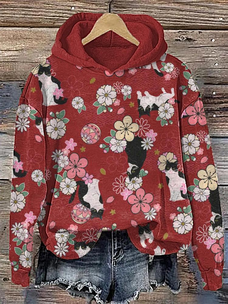 Cats and Plum Blossoms Print Cotton Cozy Hoodie