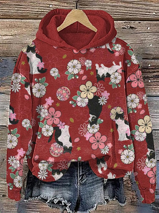 Cats and Plum Blossoms Print Cotton Cozy Hoodie