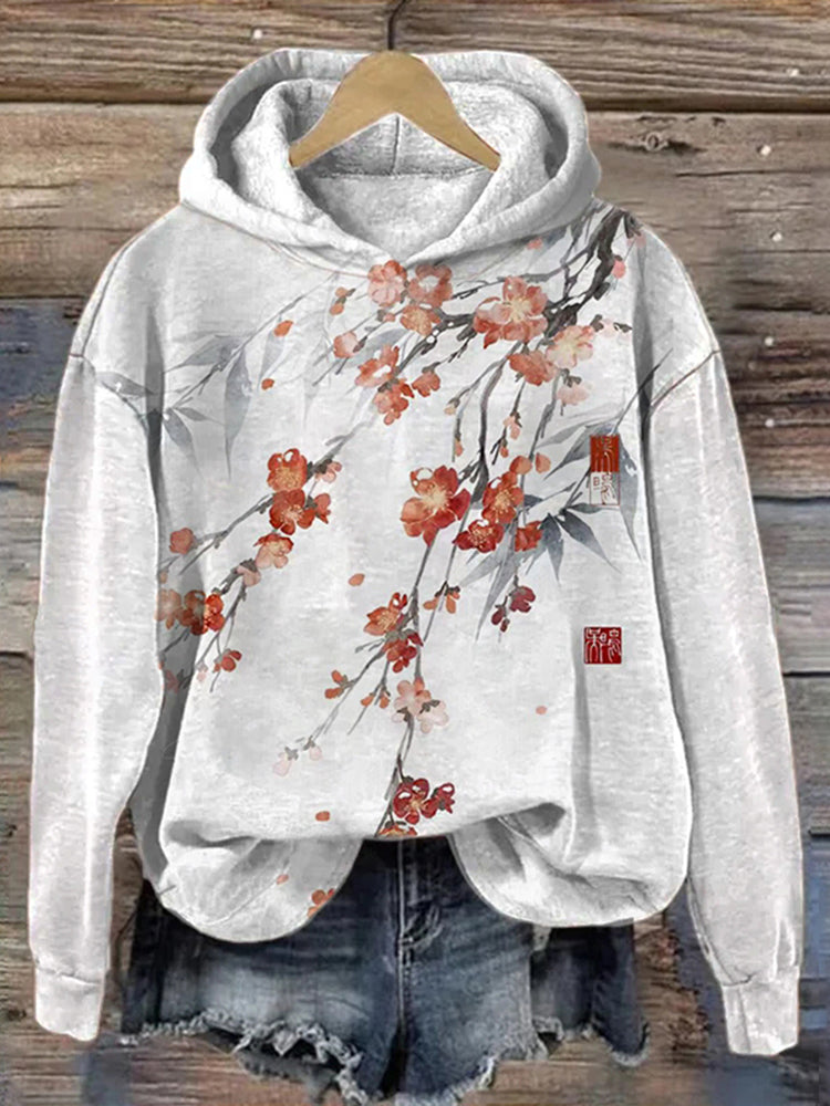 Women's Retro Red Plum Blossom Art Print Hooded Sweatshirt