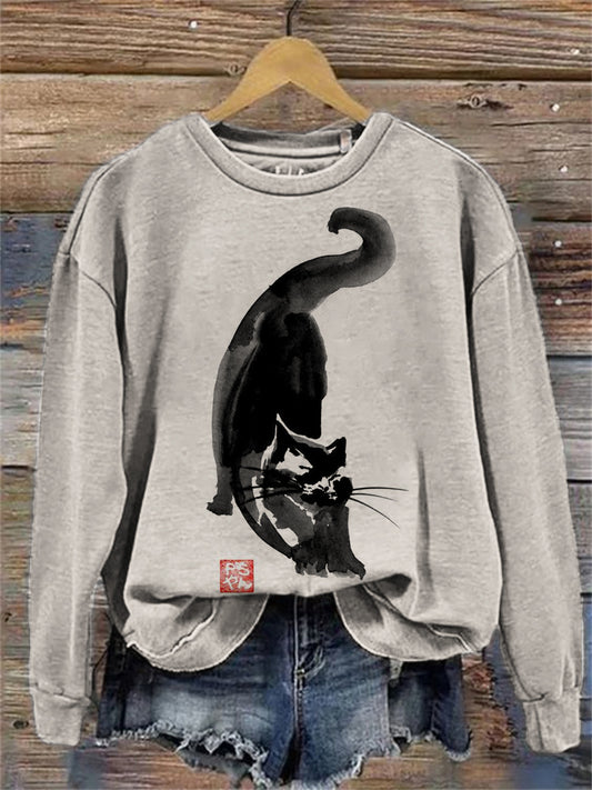 Lovely Black Cat Art Graphic Vintage Cozy Sweatshirt