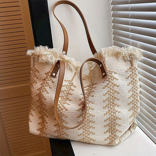 Dashingsoul Beach Vacation Western Fashion Large Capacity Shoulder Stripe Tote Straw Bag