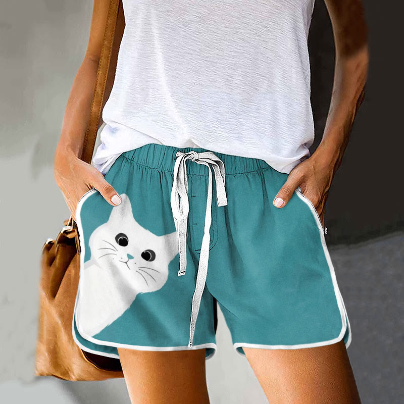 Dashingsoul Cute White Cat Print Drawstring Pocket Shorts