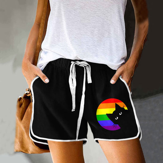 Dashingsoul Rainbow Black Cat Drawstring Pocket Shorts