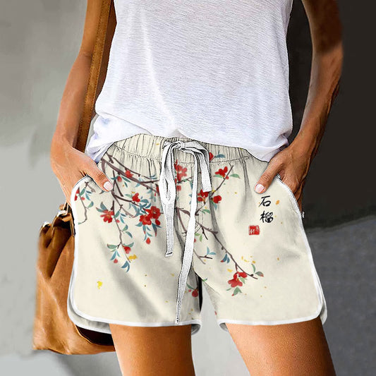 Dashingsoul Japanese Women's Sakura Art Ink And Wash Drawstring Pocket Shorts