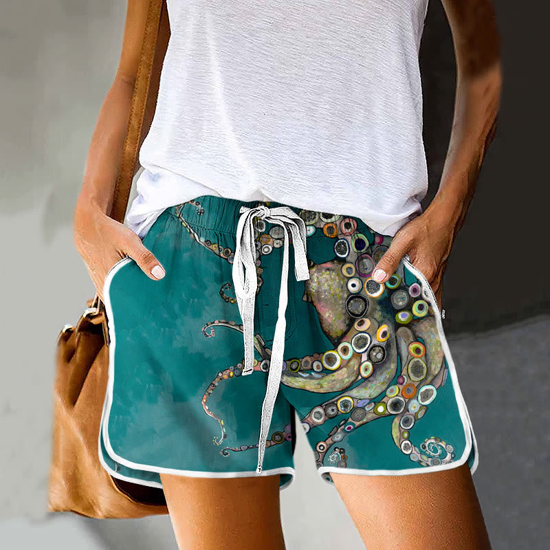 Dashingsoul Colorful Octopus Oil Painting Print Pocket Shorts
