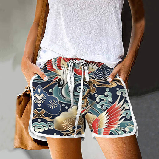 Dashingsoul Women's Vintage Flying Crane And Cloud Print Drawstring Pocket Shorts