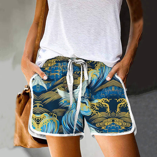 Dashingsoul Women's Vintage Japanese Crane Pattern Print Drawstring Pocket Shorts