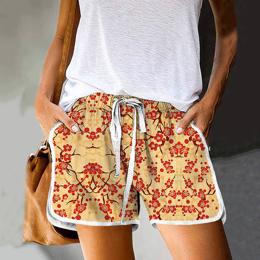 Dashingsoul Women's Vintage Japanese Sakura Art Print Drawstring Pocket Shorts