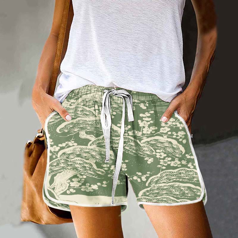 Dashingsoul Women's Japanese Art Plum Blossom Print Drawstring Pocket Shorts