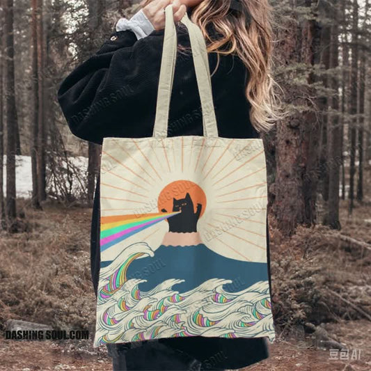 Creative Sun & Rainbow Cat Print Bag