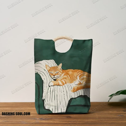 Cute Sleeping Cat Print Woven Handbag