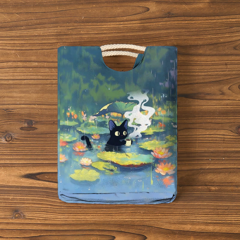 Interesting Cat Drinking Water In Lotus Pond Print Woven Handbag