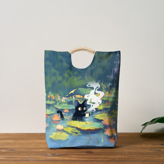 Interesting Cat Drinking Water In Lotus Pond Print Woven Handbag