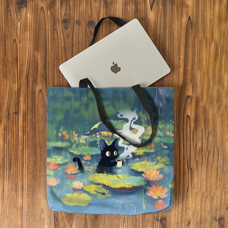 Interesting Cat Drinking Water In Lotus Pond Print Bag
