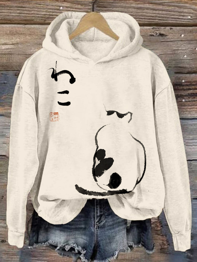 Japanese Minimalist Cat Art Vintage Comfy Hoodie