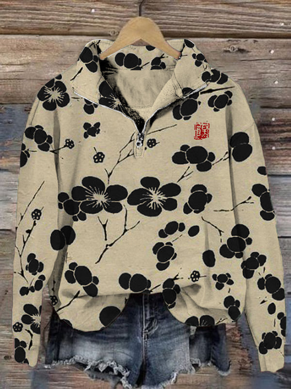 Cherry Blossom Japanese Lino Art Vintage Zip Up Sweatshirt