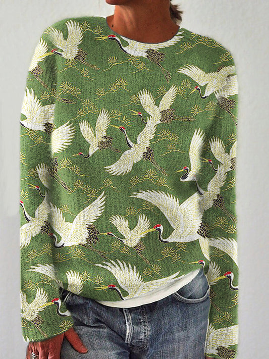 Cranes & Pine Trees Japanese Traditional Pattern Cozy Knit Sweater
