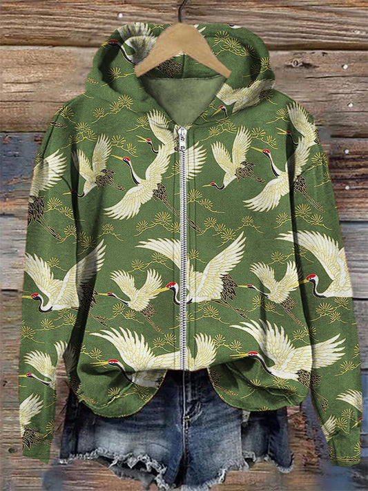 Cranes & Pine Trees Japanese Traditional Pattern Full Zip Hoodie