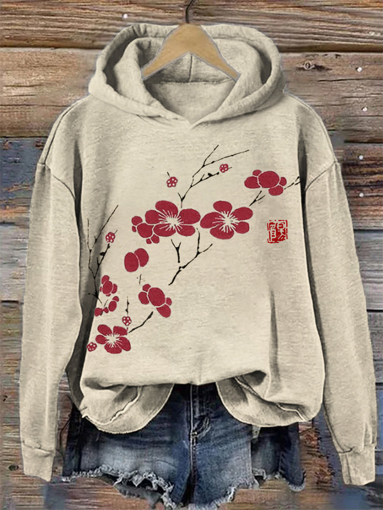 Cherry Blossom Japanese Lino Art Cozy Hoodie
