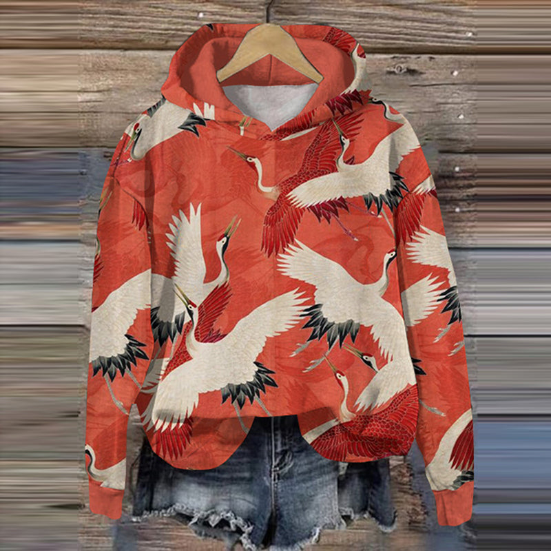 Japanese Art Crane Print Casual Hoodie