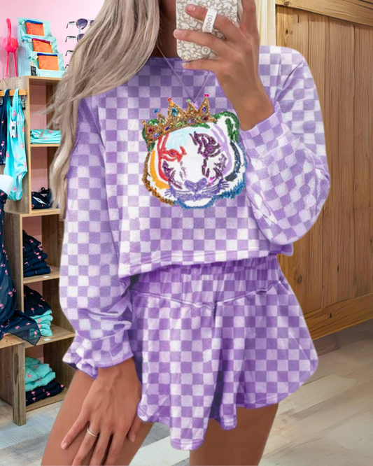 Tiger Crown Sequin Plaid Set