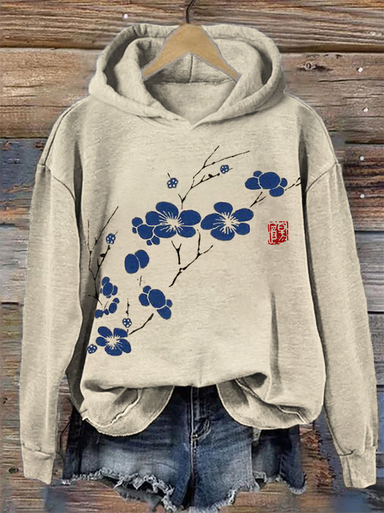 Cherry Blossom Japanese Lino Art Cozy Hoodie