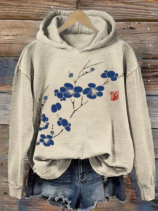 Cherry Blossom Japanese Lino Art Cozy Hoodie