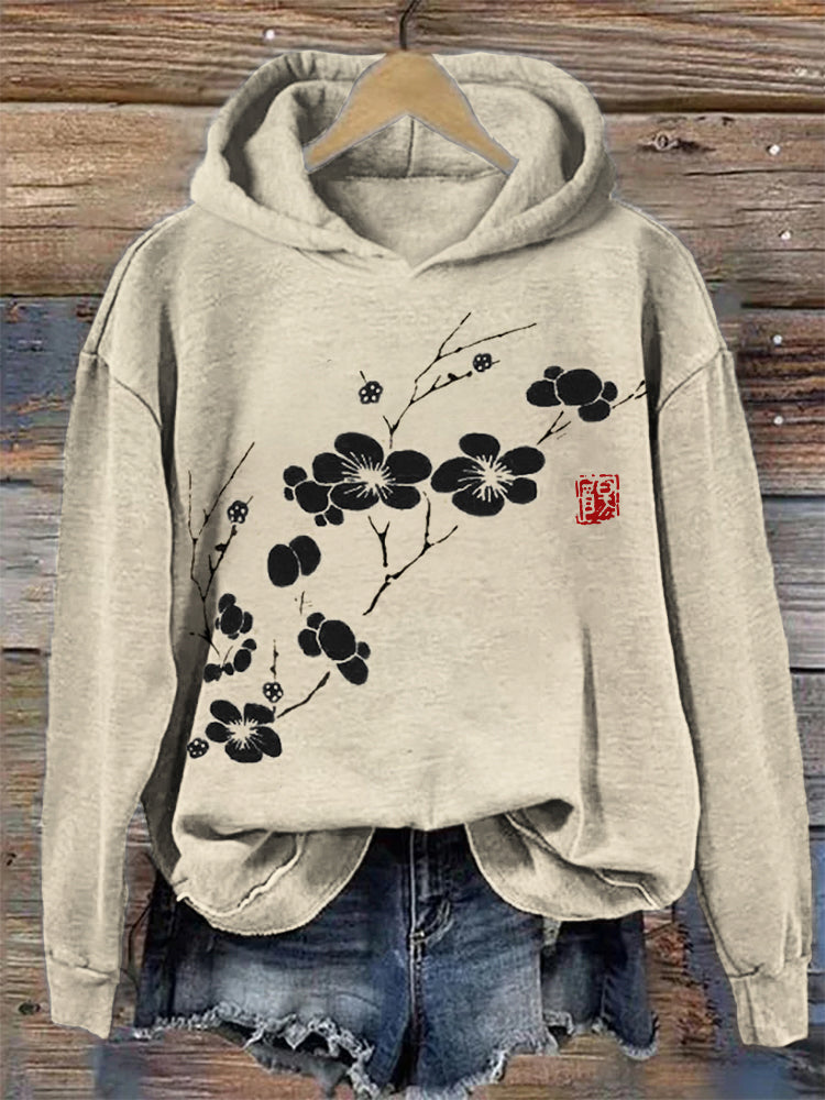Cherry Blossom Japanese Lino Art Cozy Hoodie