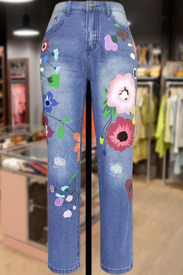 Casual Floral Print Denim Pants
