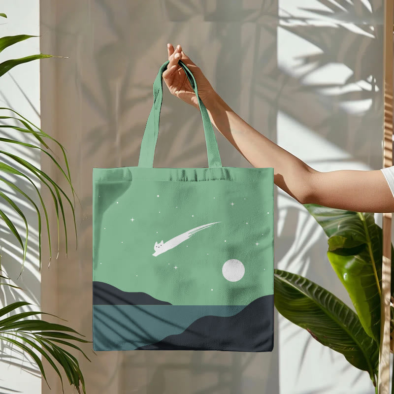 Dashingsoul Abstract Creative Cute Cat Leaping Under The Starry Sky Painting Art Bag