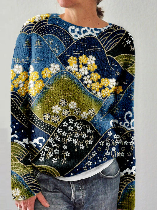 Traditional Japanese Pattern Crew Neck Comfy Sweater
