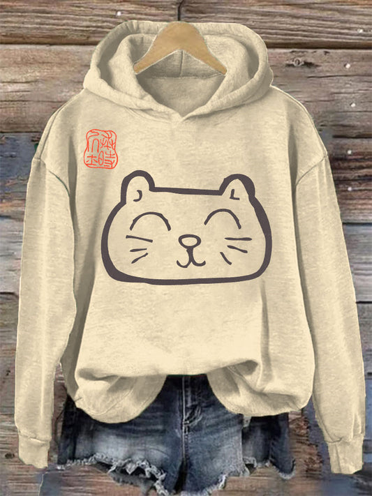 Japanese Art Cat Print Vintage Hoodie
