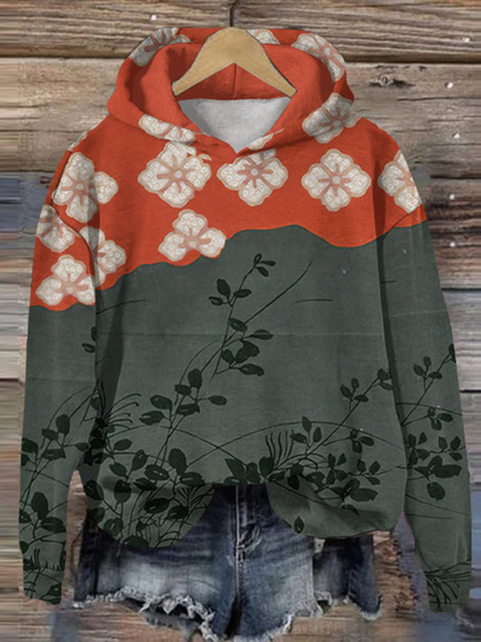 Japanese Art Flower Print Long Sleeve Hoodie